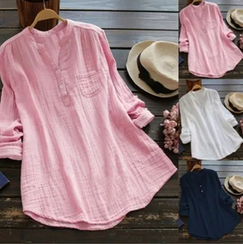 Женская хлопчатобумажная льняная блузка с длинным рукавом, Лето 2023, большие размеры, винтажные рубашки в стиле бохо, Топ, женские повседневные свободные блузки с V-образным вырезом