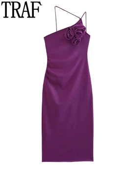 TRAF 2023 Длинное платье с фиолетовым цветком, женское асимметричное платье-комбинация с открытой спиной, женские сексуальные элегантные вечерние платья с открытыми плечами для женщин