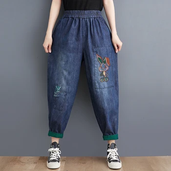 Новое поступление 2023 года, летние женские хлопковые джинсовые брюки с мультяшной вышивкой до щиколоток, Эластичный пояс, Свободные шаровары, Джинсы V435