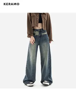 Американские винтажные джинсовые брюки оверсайз с высокой талией, женские повседневные мешковатые Y2K, широкие брюки, уличная одежда в стиле Гранж, джинсовые брюки в стиле пэчворк