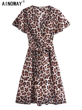 Женское сексуальное богемное мини-платье с перекрестным V-образным вырезом и леопардовым принтом, женские платья в стиле бохо с коротким рукавом из вискозы, пляжная одежда Vestidos