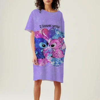 Disney Stitch Корейская Версия Сарафанов элегантное Женское Летнее Платье 2022 в Богемном Стиле С Мультяшным 3D Принтом, Женское Платье-футболка