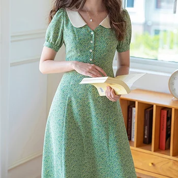 2021 новое Летнее Винтажное Милое платье с цветочным рисунком, Зеленое Повседневное Шикарное платье Миди с V-образным вырезом и коротким рукавом, Тонкое Корейское вечернее платье в стиле бохо