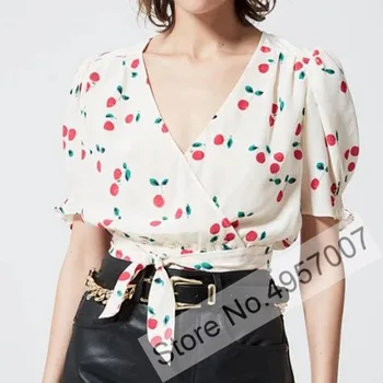Женская блузка с V-образным вырезом и вишневым принтом, топ-рубашка