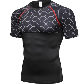Мужская футболка для бега с принтом и коротким рукавом, бодибилдинг, Рашгард, Быстросохнущая Спортивная одежда для фитнеса в тренажерном зале, мужская спортивная одежда