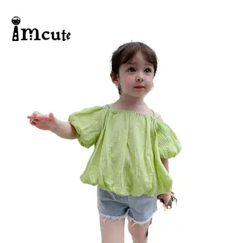 Однотонная рубашка для маленьких девочек, весенне-летние топы с короткими рукавами для маленьких девочек, Корейская блузка для девочек, детские однотонные топы с вырезом лодочкой