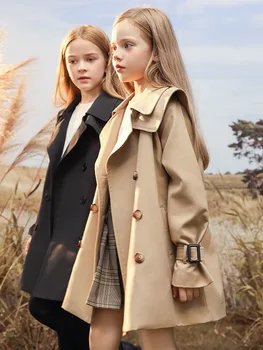 Демисезонный Ветровка для девочек, тренч, Ветрозащитная Детская куртка средней длины, пальто для маленьких подростков, Пальто от 3 до 14 лет