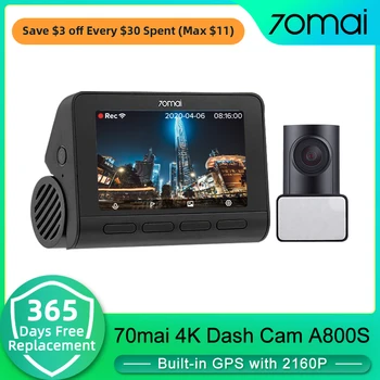 70mai Dash Cam A800S Настоящая Камера 4K Автомобильный Видеорегистратор Автоматический Видеомагнитофон Встроенный GPS ADAS Спереди и Сзади Двойное Видение 24 Часа Парковки
