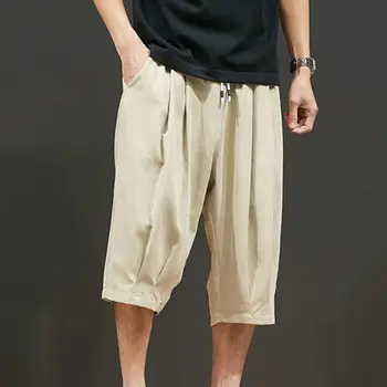 Стильные укороченные брюки, однотонные повседневные брюки на шнурке, мужские летние повседневные укороченные брюки