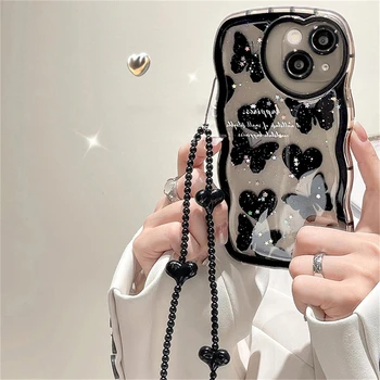 Корейский Милый блестящий чехол-браслет с бабочкой и сердечком для iPhone 14 13 12 11 Pro Max X XR, Защитный Мягкий чехол для Креативных линз