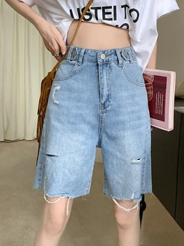 FTLZZ/ Новые летние женские модные джинсовые шорты с дырками на талии, женские повседневные винтажные однотонные джинсовые шорты с широкими штанинами
