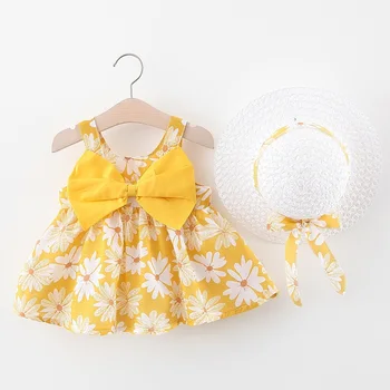 Летнее пляжное платье принцессы для маленьких девочек, 2 предмета, платья + Солнцезащитная шляпка с милым бантом и цветами, хлопковый комплект одежды для малышей и новорожденных без рукавов