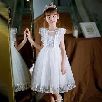 2023 Вечерние бальные платья принцессы для маленьких девочек Белое платье с блестками для маленьких девочек для свадебных вечеринок Детские платья для крещения Ид