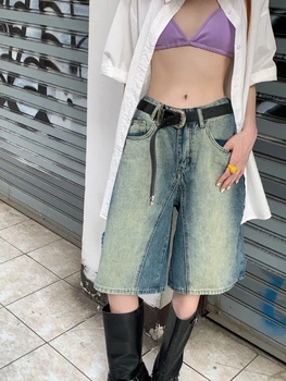 Винтажные шорты Harajuku Y2k с высокой талией, простроченный дизайн, женские джинсовые широкие брюки, летняя уличная одежда Gyaru, женская одежда 2000-х годов