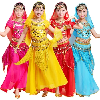 5 шт. Детский костюм для танца живота, костюмы для танца живота, Детские костюмы для танца живота, Комплект одежды для индийских выступлений в Болливуде