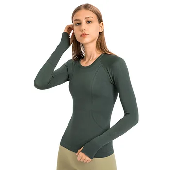 Однотонная популярная женская спортивная рубашка для йоги с длинным рукавом, топ с круглым вырезом, футболка для занятий в тренажерном зале, Блузки, Дышащий разъем для большого пальца