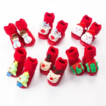 Детские Рождественские носки для девочек и мальчиков, утепленные детские носки, осень-зима, нескользящие носки для малышей с героями мультфильмов, обувь
