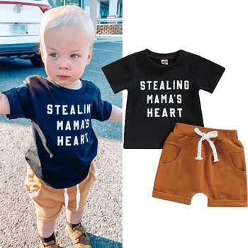 FOCUSNORM Для мальчиков 0-3 лет, комплекты одежды из 2 предметов, футболка с коротким рукавом и буквенным принтом + эластичные однотонные шорты