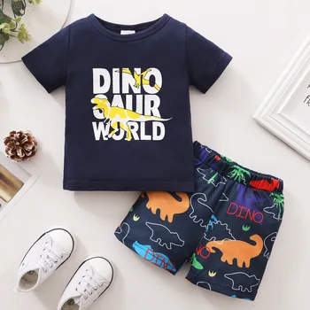 Детская футболка с рисунком динозавра для детей 0 ~ 1 года, костюм со штанами, топ с короткими рукавами для маленьких мальчиков + шорты, комплект из двух предметов, одежда для мальчиков