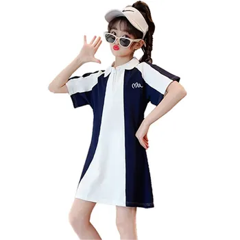 Детское летнее платье в стиле пэчворк, повседневная одежда для девочек, детская одежда, школьное платье в спортивном стиле для подростков, костюм 6, 8, 10, 12, 14 лет