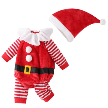 Первый Рождественский костюм ребенка 9 12 18 24 Месяцев Для мальчиков и девочек, милый костюм для косплея, Полосатый комбинезон со шляпой, жилет, Одежда для младенцев