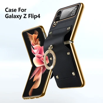 VIETAO Черный кожаный чехол-кольцо с подставкой для Samsung galaxy z flip 4 Жесткий чехол с 3-мя покрытиями и стеклянной пленкой для линз