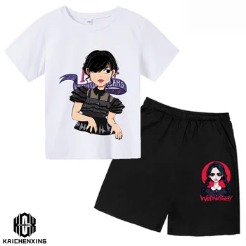 Новая модная футболка для девочек, комплекты летней одежды, детские комплекты спортивной футболки Addams для женщин, одежда для маленьких детей, пижамы