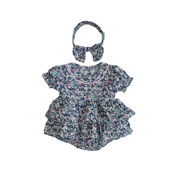 Модный летний комбинезон для новорожденных девочек + повязка на голову, синий комбинезон с цветочным рисунком, модная детская одежда для малышей
