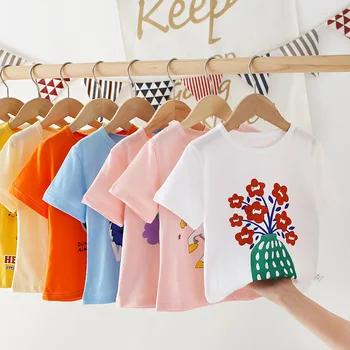 Детская одежда для маленьких девочек, Летняя хлопковая футболка с цветочным рисунком, футболка с короткими рукавами с динозавром из мультфильма для мальчиков, детские топы, тройники, детская одежда