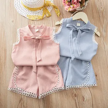 Летний комплект детской одежды для маленьких девочек, кружевные топы в клетку для маленьких девочек + короткие комплекты, детский костюм из двух предметов, детская одежда